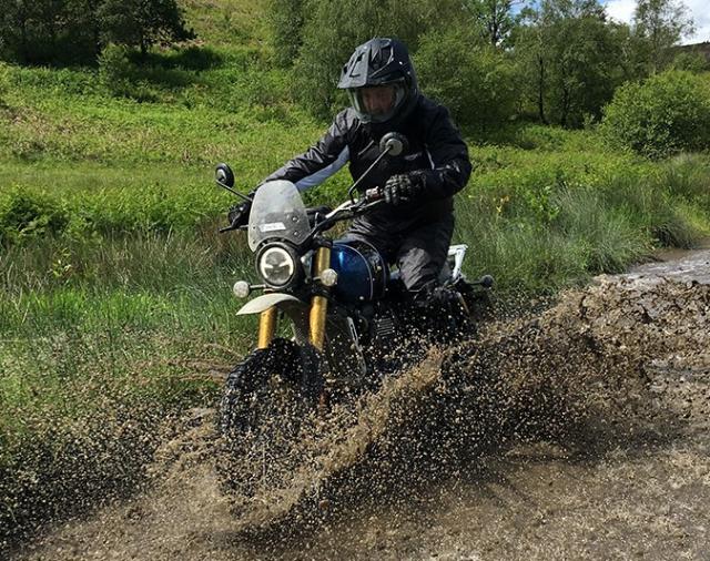 Triumph Scrambler 1200 on green lane